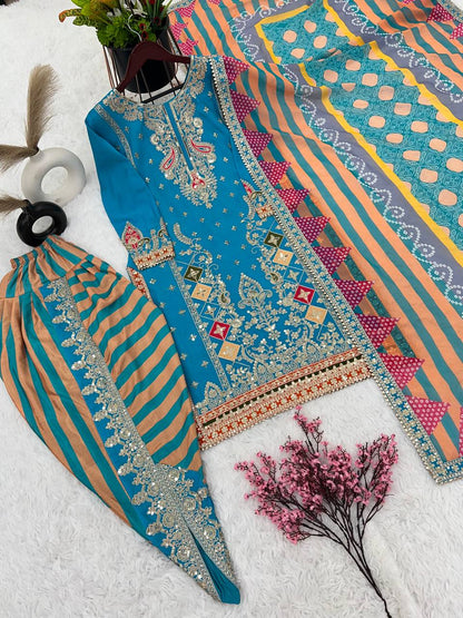 Grand Blue Color Chinnon Embroidery Sequence Sharara Suit By WTW