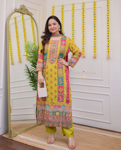 Lime Yellow Chinon Silk Digital Printed Salwar Suit By WTW