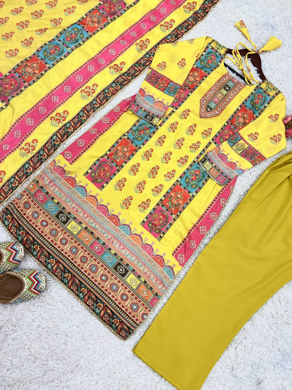 Lime Yellow Chinon Silk Digital Printed Salwar Suit By WTW