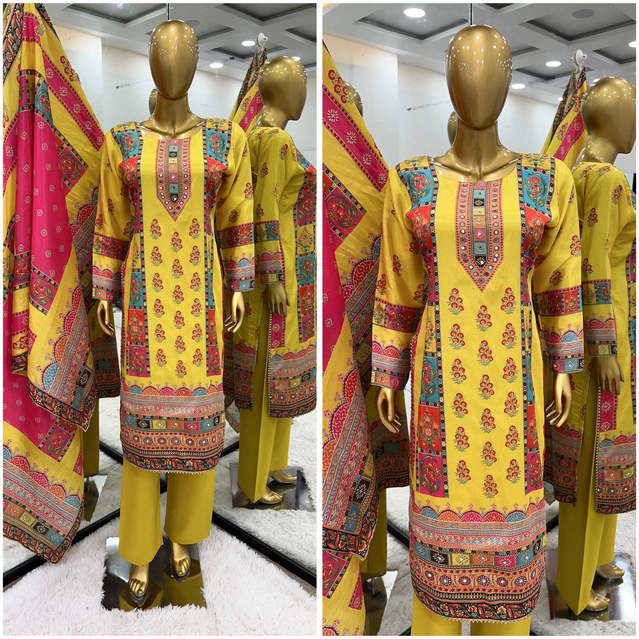 Lime Yellow Chinon Silk Digital Printed Salwar Suit By WTW