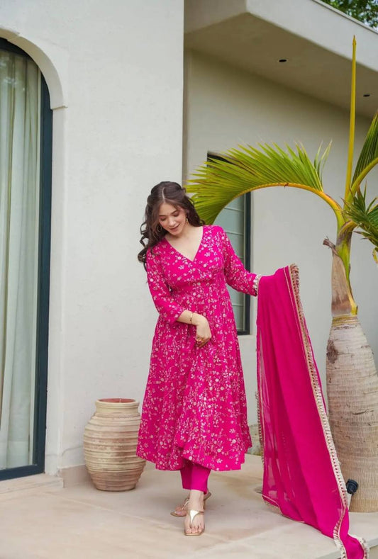 Magenta Faux Georgette Embroidery Work Gown By WTW