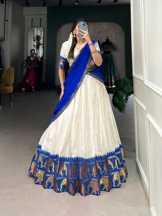 Royal Blue Color Chex With Zari Weaving Work Poly Cotton Pattu Lehenga Choli By WTW
