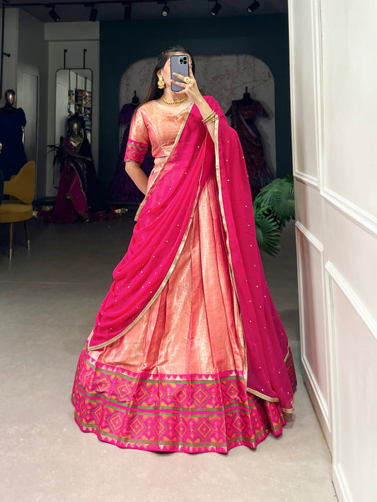 Peach Color Weaving Work With Ikkat Kanjivaram Jacquard Silk Lehenga Choli By WTW