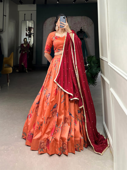 Peach Tussar Silk Printed Lehenga With Stitched Blouse By WTW