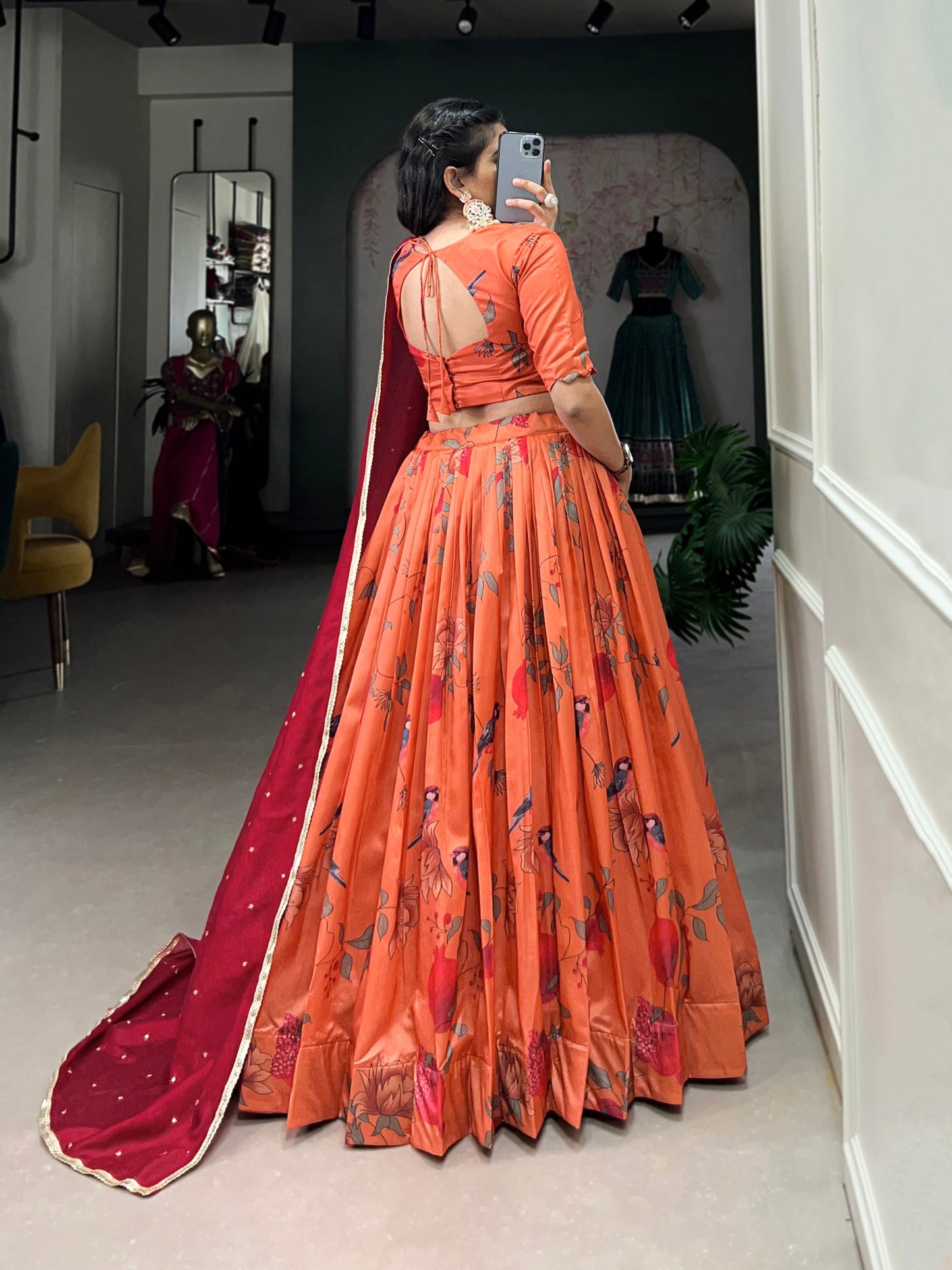 Peach Tussar Silk Printed Lehenga With Stitched Blouse By WTW