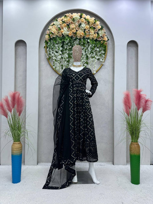 Sequence Gown In Black Color Georgette Fabric Ready To Wear With Dupatta By WTW