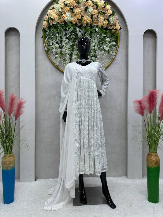 Sequence Gown In White Color Georgette Fabric Ready To Wear With Dupatta By WTW