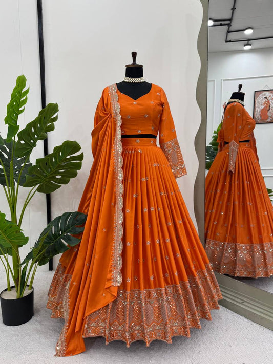 Unique Orange Color Sequence Thread Work Satin Silk Lehenga Choli By WTW