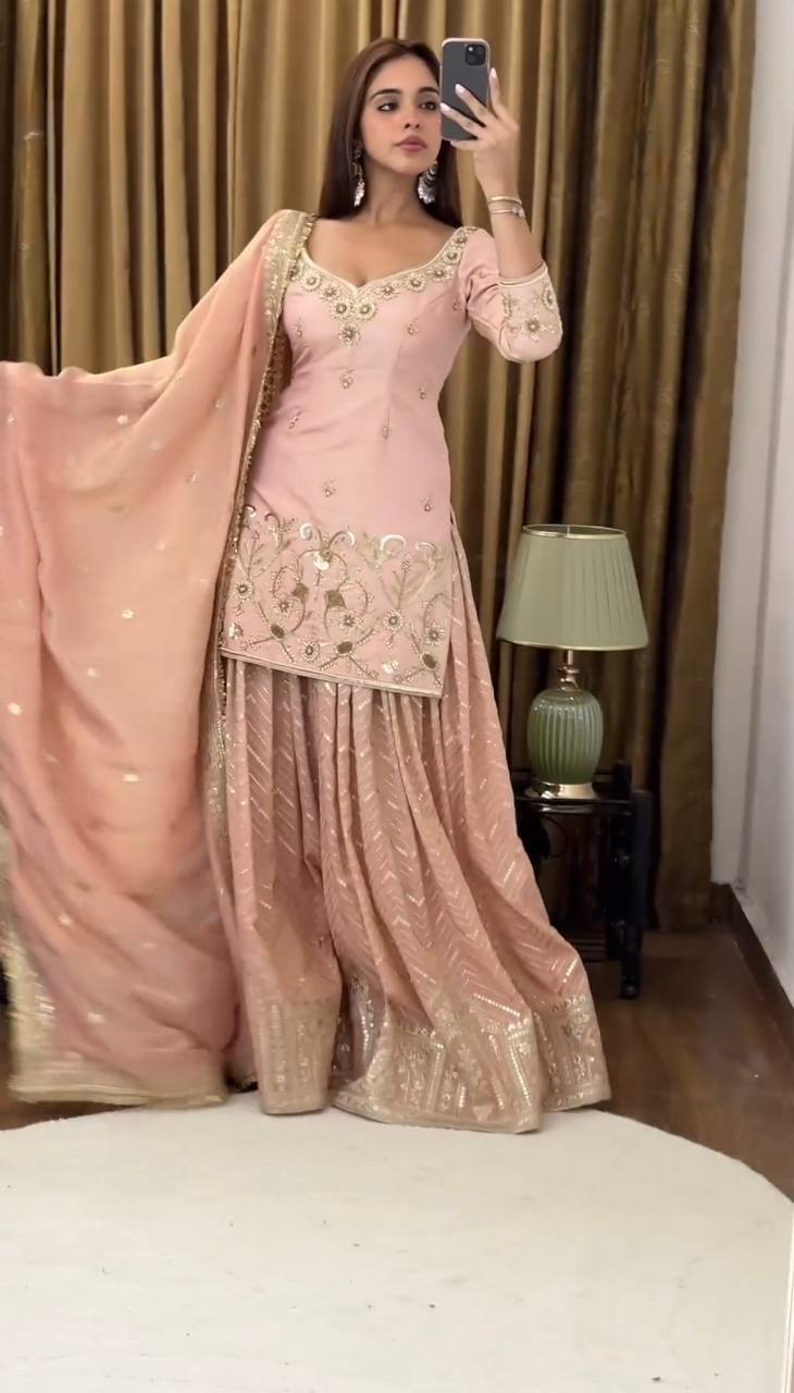 Peach Color Georgette Palazzo Suit With Beautiful Embroidery Work And Dupatta By WTW