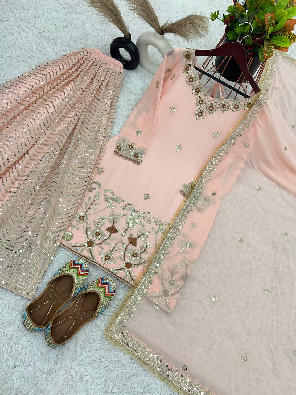 Peach Color Georgette Palazzo Suit With Beautiful Embroidery Work And Dupatta By WTW