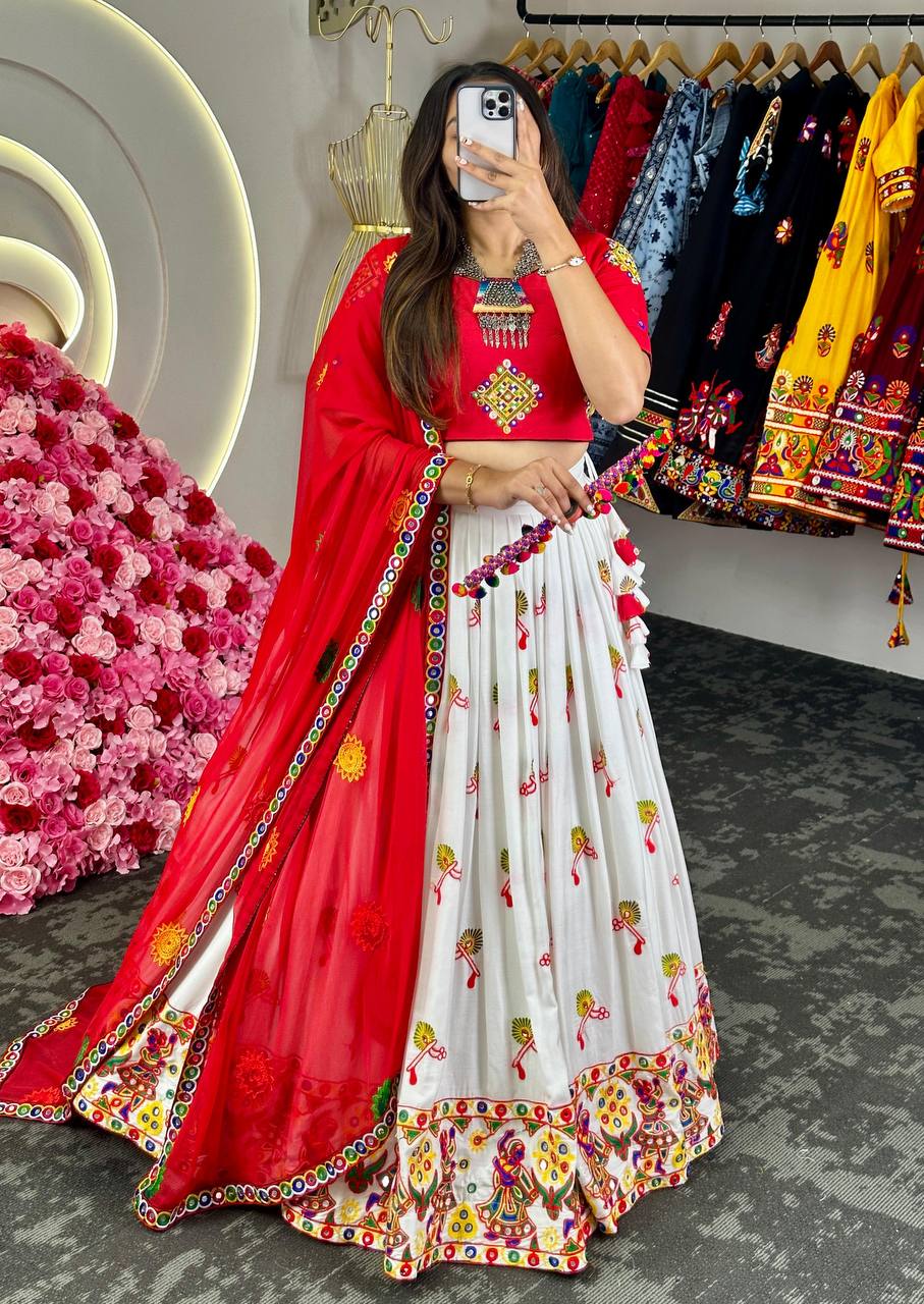 White Ryon Cotton Chain Stitch Work Lehenga Choli By WTW