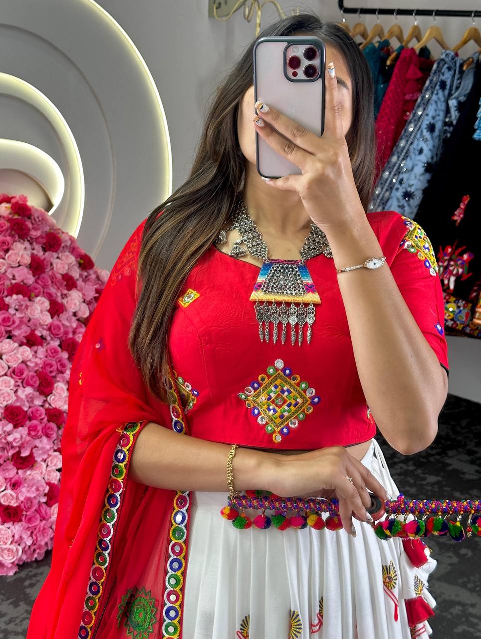 White Ryon Cotton Chain Stitch Work Lehenga Choli By WTW