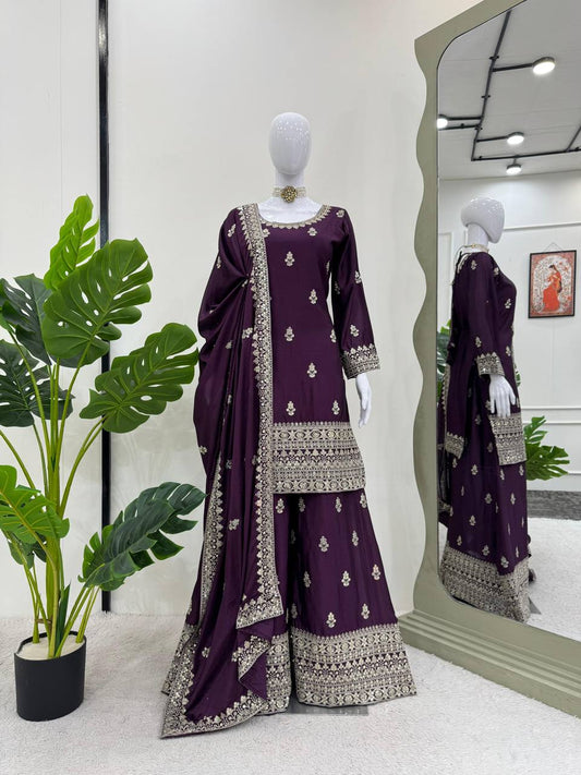 Elegant Purple Color Chinnon Silk Embroidery Sequence Salwar Suit By WTW