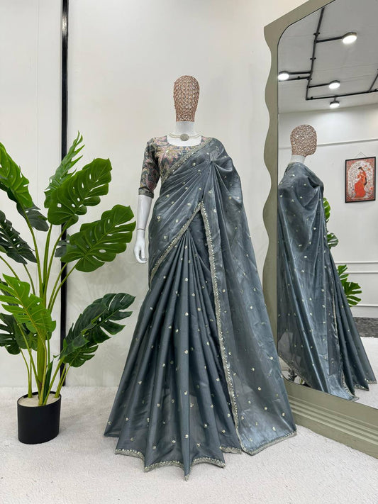 Pastel Gray Shimmery Organza Designer Saree By WTW