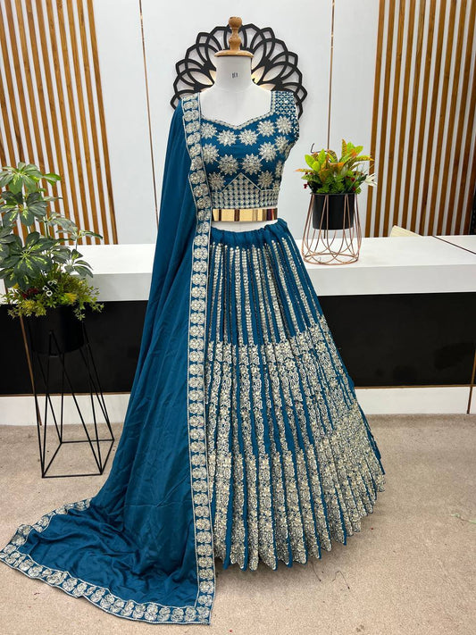 Blue Chinon Silk Sequence Embroidery Work Lehenga Choli By WTW