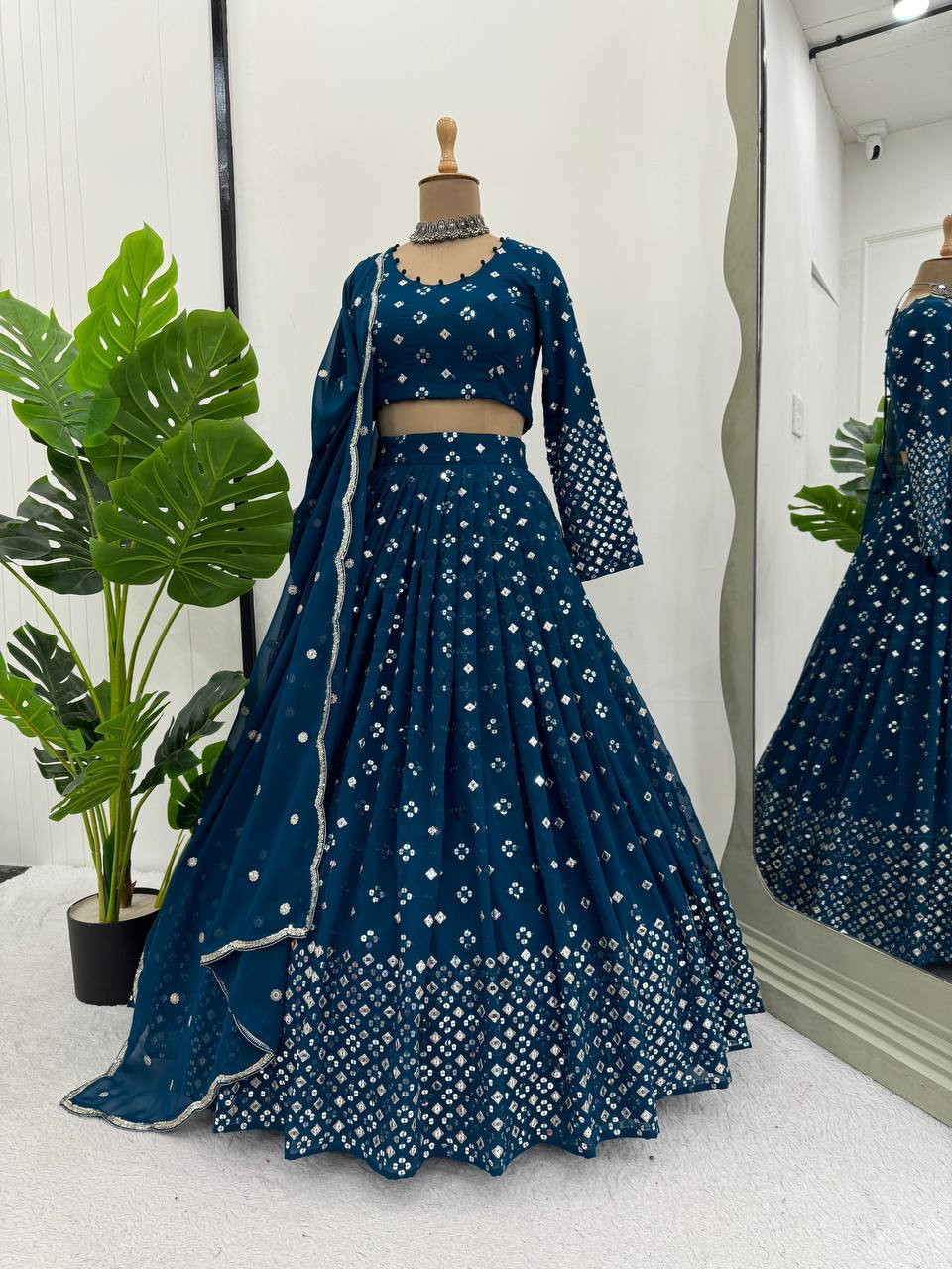 Peacock Blue Zariwork Georgette Readymade Lehenga By WTW