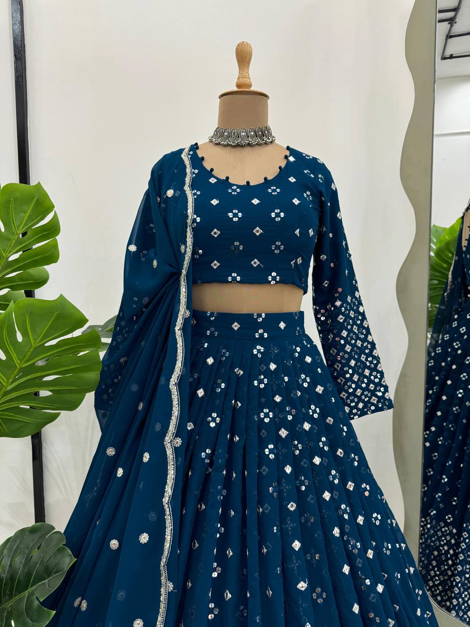 Peacock Blue Zariwork Georgette Readymade Lehenga By WTW