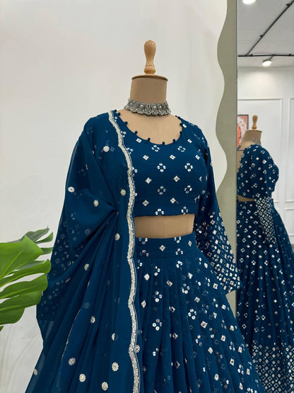 Peacock Blue Zariwork Georgette Readymade Lehenga By WTW