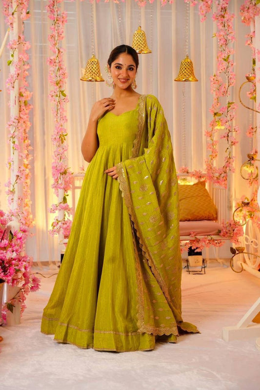Mehendi Green Faux Georgette Sequence Embroidery Work Gown By WTW