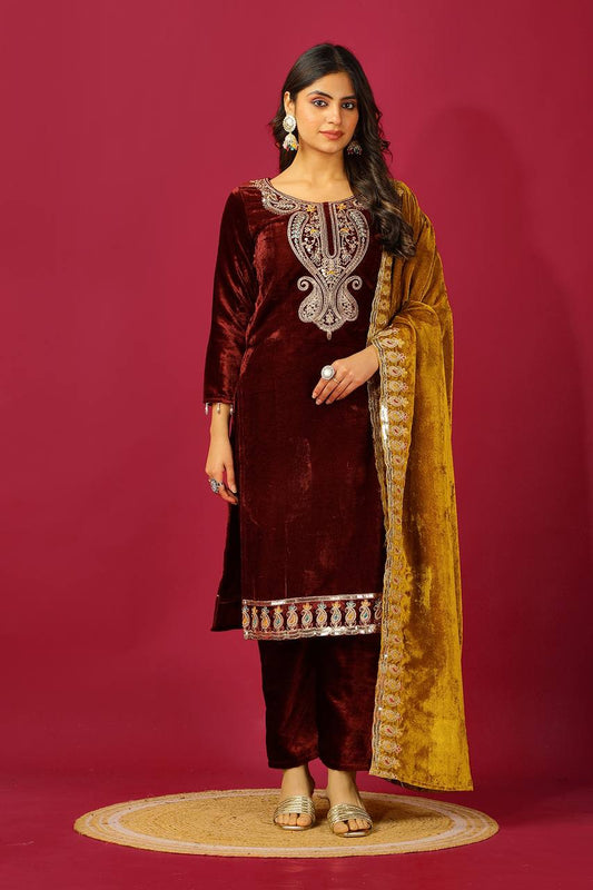 Designer Velvet Top, Plazo And Duppata Set By WTW