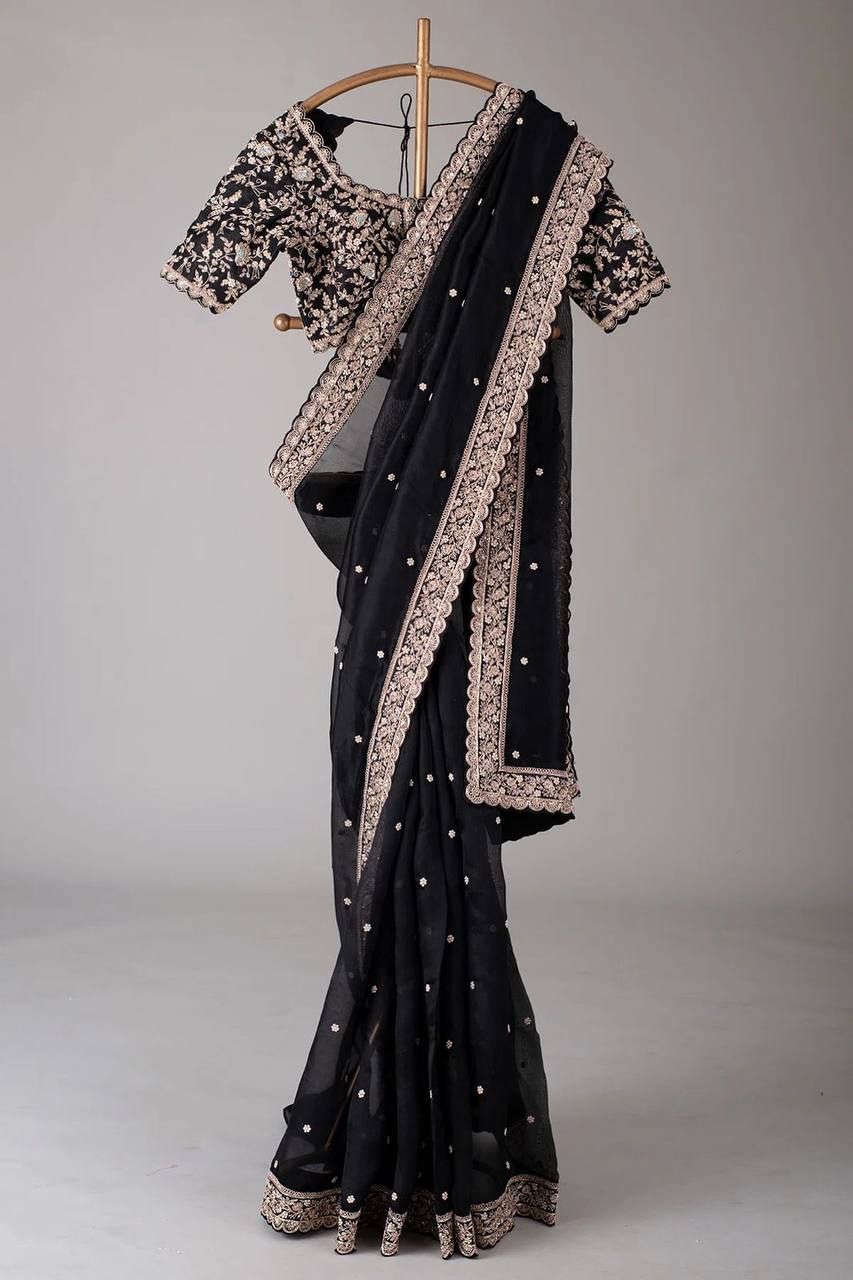 Black Shimmery Organza Designer Saree By WTW