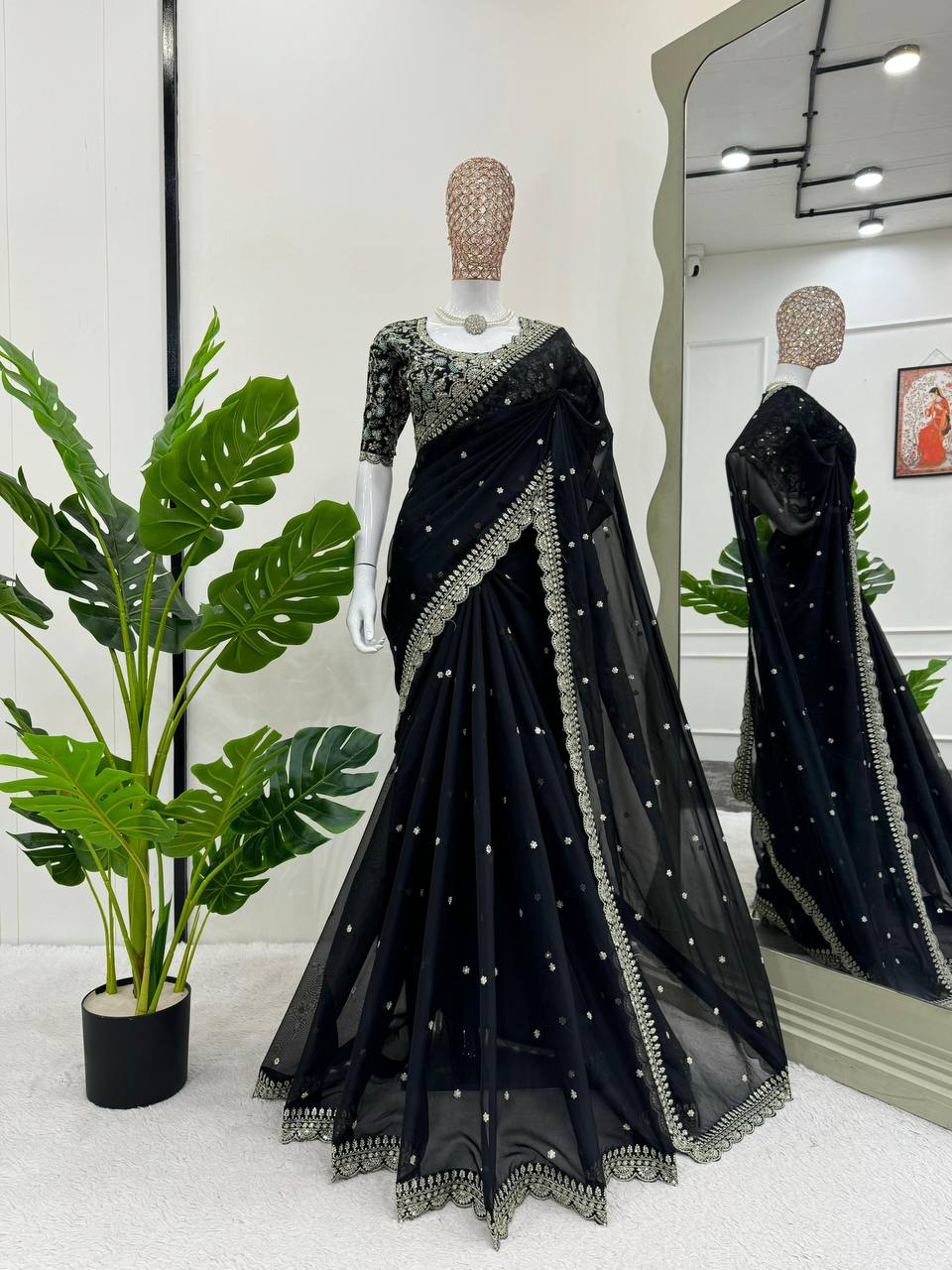 Black Shimmery Organza Designer Saree By WTW