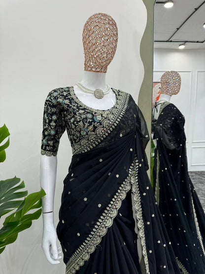 Black Shimmery Organza Designer Saree By WTW