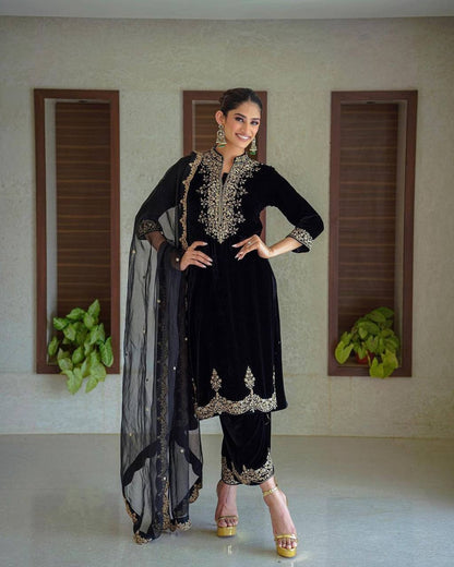 Black Viscose Velvet Straight Salwar Suit By WTW