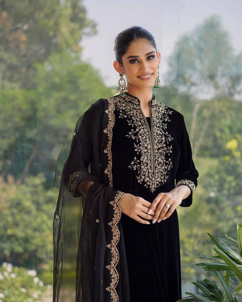 Black Viscose Velvet Straight Salwar Suit By WTW