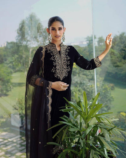 Black Viscose Velvet Straight Salwar Suit By WTW