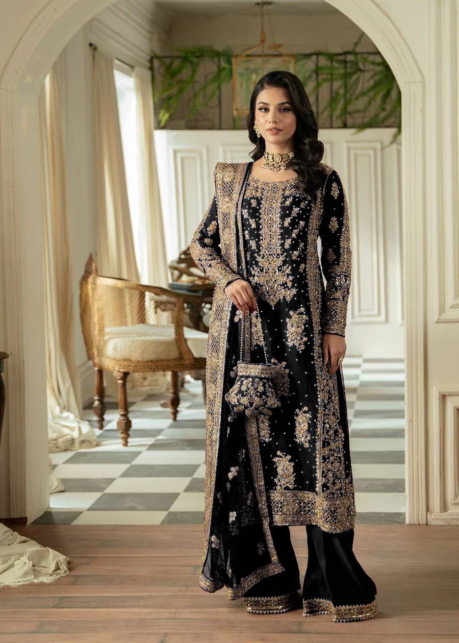 Black Georgette Sequins Pearl Work Straight Suit Set By WTW