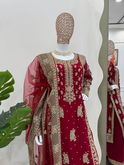 Red Faux Georgette Thread Work Plazzo Suit By WTW