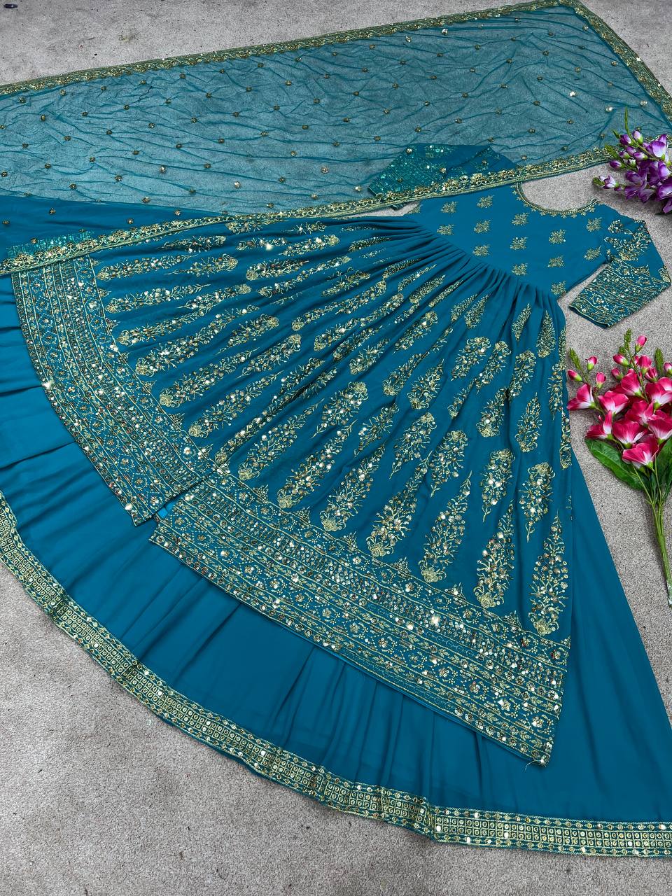 Firozi Faux Georgette Sequence Embroidery Work Gown By WTW