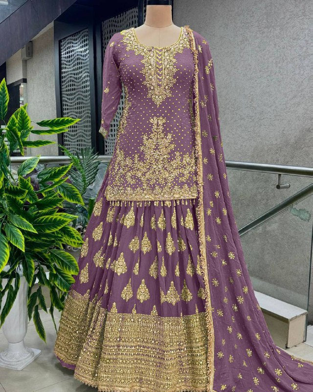 Captivating Wine Color Chinnon Silk Embroidery Lehenga Choli By WTW