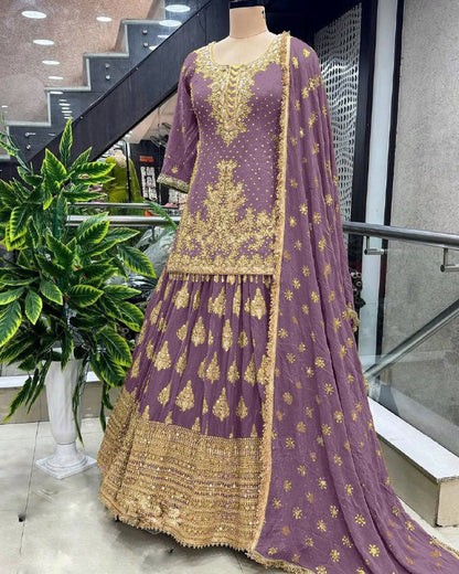 Captivating Wine Color Chinnon Silk Embroidery Lehenga Choli By WTW