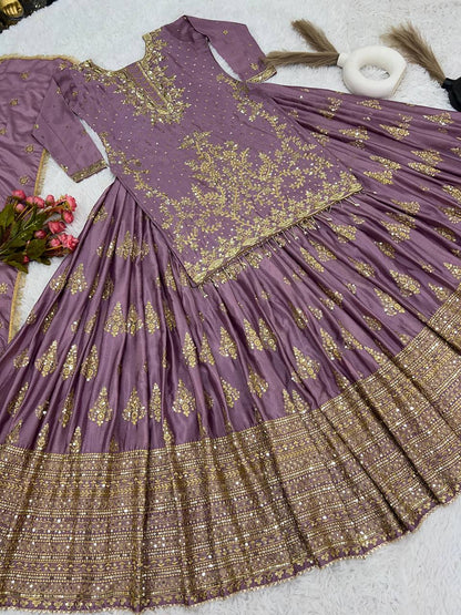 Captivating Wine Color Chinnon Silk Embroidery Lehenga Choli By WTW