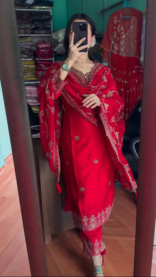 Splendorous Red Color Chinnon Coding Coding Salwar Suit By WTW