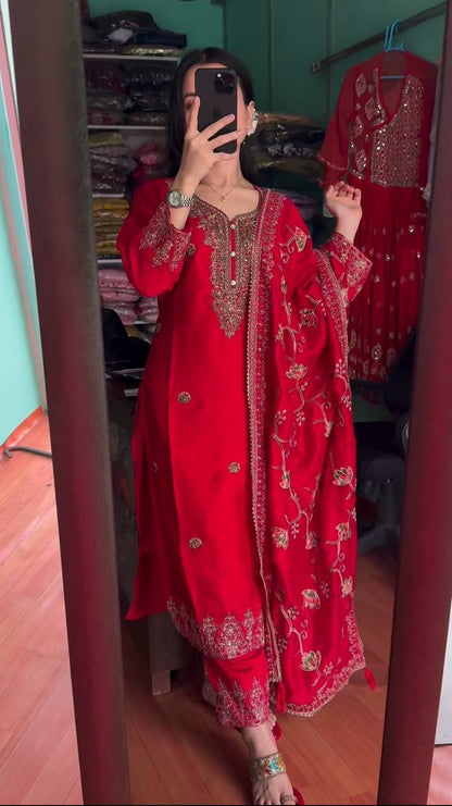 Splendorous Red Color Chinnon Coding Coding Salwar Suit By WTW