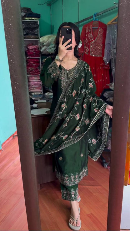 Dark Green Chinon Silk Multi Thread Work Salwar Suit By WTW