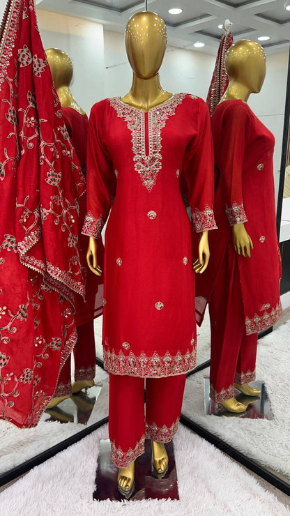 Splendorous Red Color Chinnon Coding Coding Salwar Suit By WTW