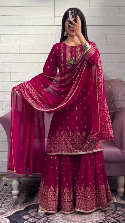 Rani Pink Chinon Silk Sequence Embroidery Work Sharara Suit By WTW