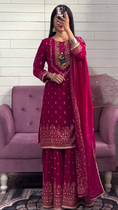 Rani Pink Chinon Silk Sequence Embroidery Work Sharara Suit By WTW