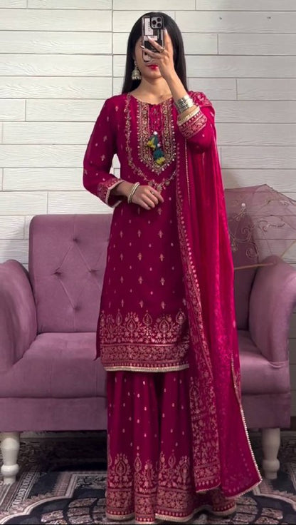 Rani Pink Chinon Silk Sequence Embroidery Work Sharara Suit By WTW