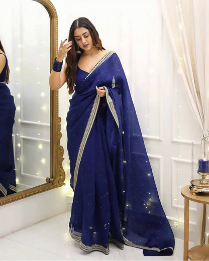 Blue Organza Silk Saree With Designer Lace Saree By WTW