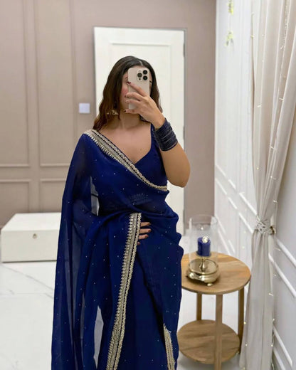 Blue Organza Silk Saree With Designer Lace Saree By WTW