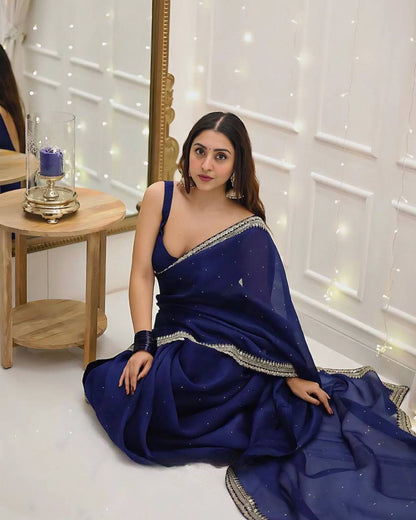 Blue Organza Silk Saree With Designer Lace Saree By WTW