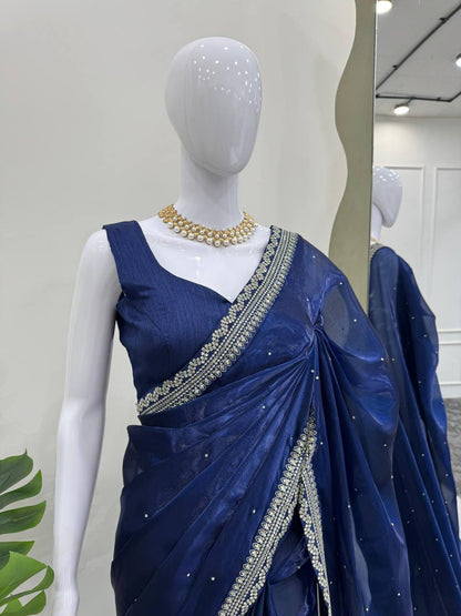 Blue Organza Silk Saree With Designer Lace Saree By WTW