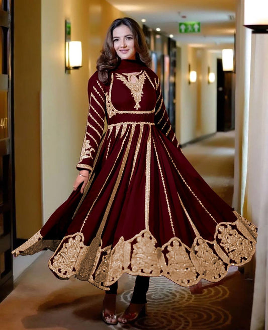 Maroon Faux Georgette Sequence Embroidery Work Gown By WTW