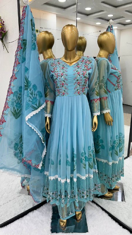 Majestic Blue Color Georgette Embroidery Sequence Work Gown By WTW