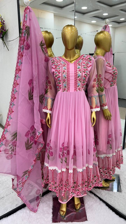 Majestic Pink Color Georgette Embroidery Sequence Work Gown By WTW